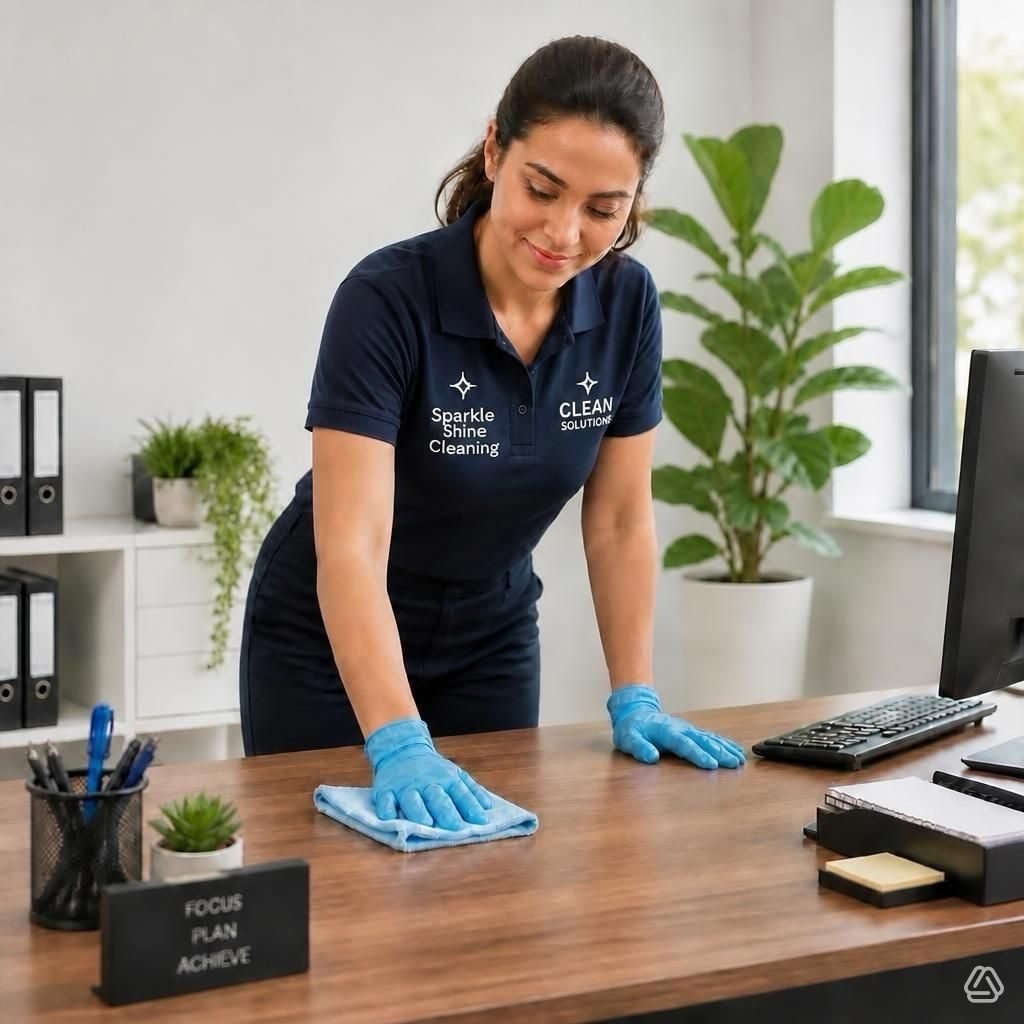 Sparkle Shine Cleaning commercial cleaner wiping down an office desk in South Sydney